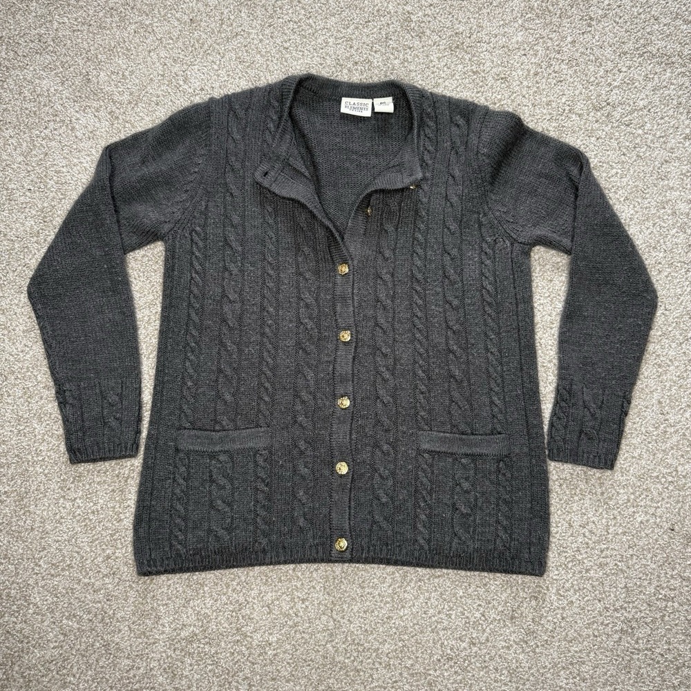 VTG Classic Elements Petite Cable Knit Cardigan Size PS Black Gold Button Pocket